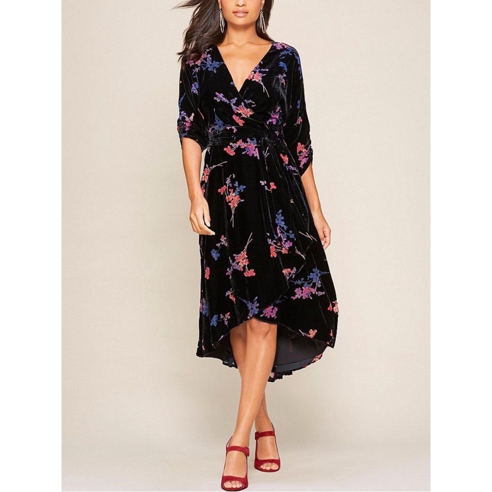 Eliza J Velvet Faux Wrap Midi Dress Black Floral Belted Waist Size 4